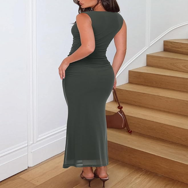 Bodycon Maxi Dress with Square Neckline and Side Ruching for Weddings All Vera Mart