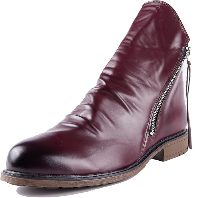 Mens Leather Ankle Boots with Side Zipper and Cushioned Footbed