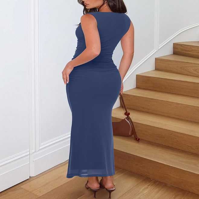 Bodycon Maxi Dress with Square Neckline and Side Ruching for Weddings All Vera Mart