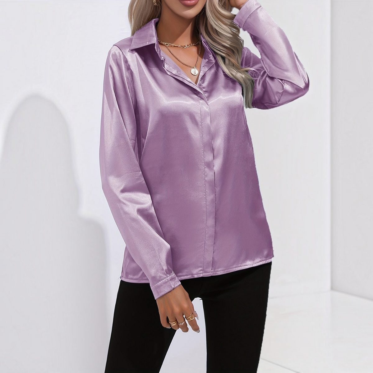 Satin Blouse for Women with Button Down Front and Long Sleeves, Tailored Relaxed Fit