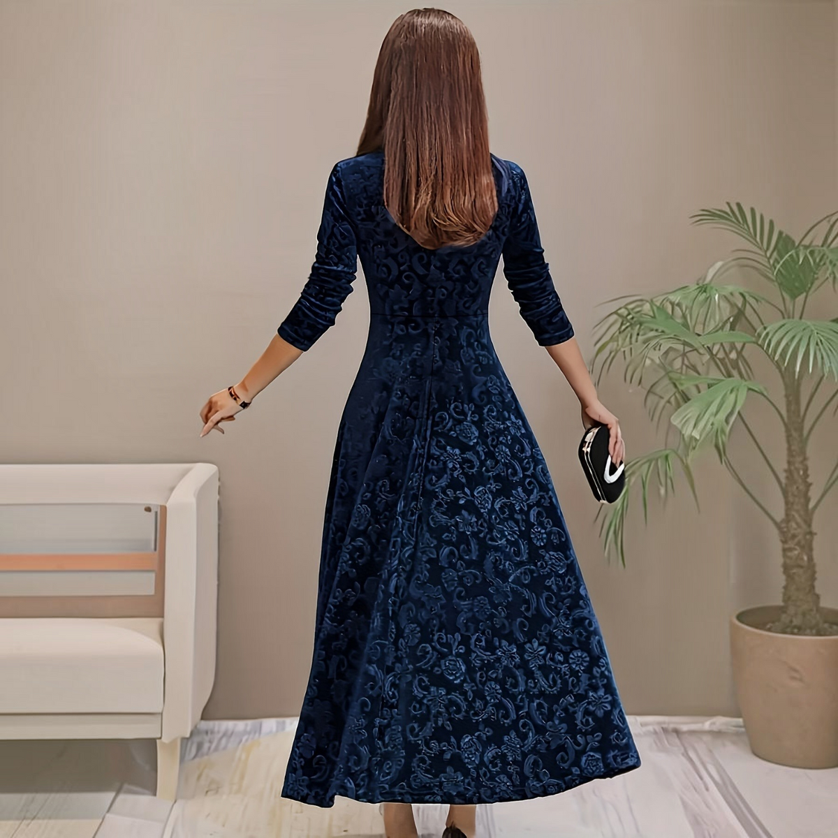 Velvet Midi Dress with Floral Embroidery and Three-Quarter Sleeves, Back Zipper