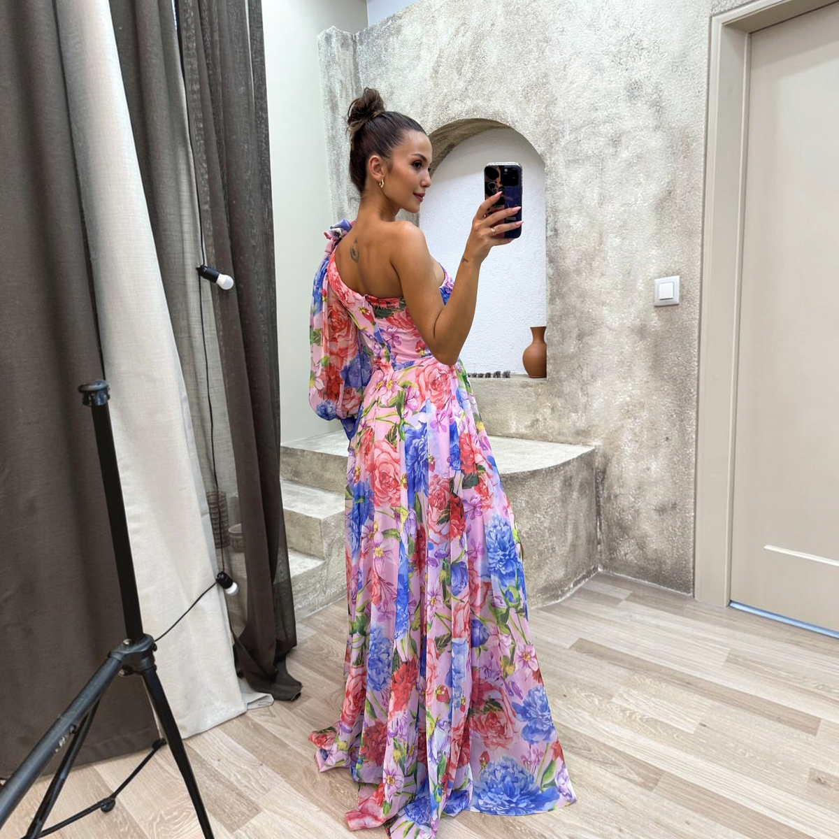 One-Shoulder Floral Dress with Flowy Skirt and Lightweight Woven Fabric, Machine Washable