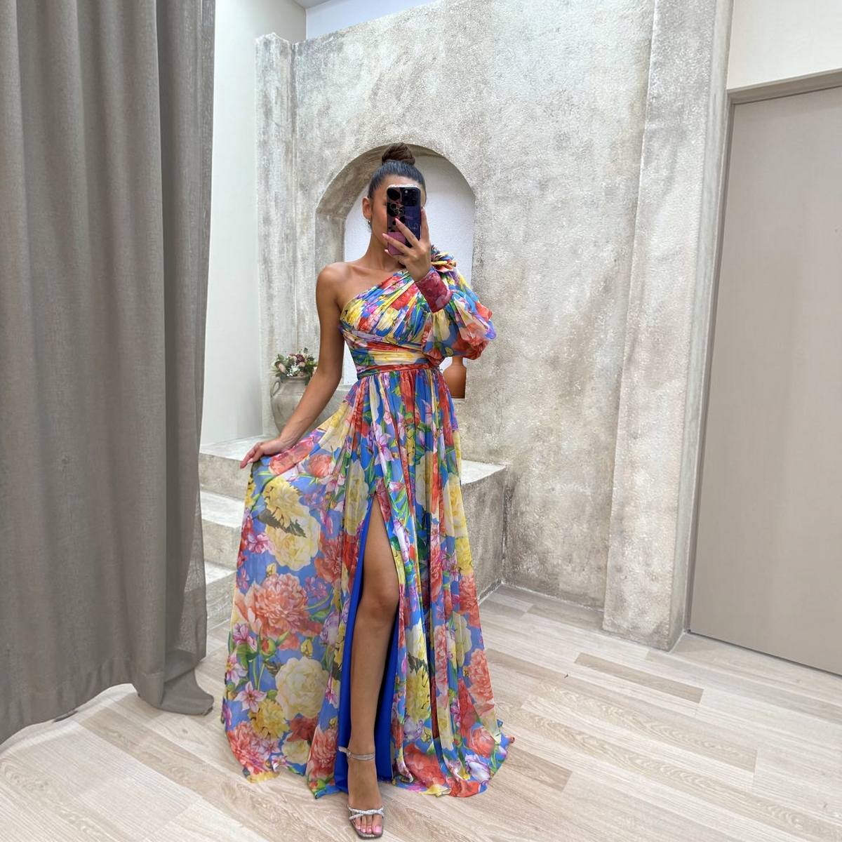 One-Shoulder Floral Dress with Flowy Skirt and Lightweight Woven Fabric, Machine Washable