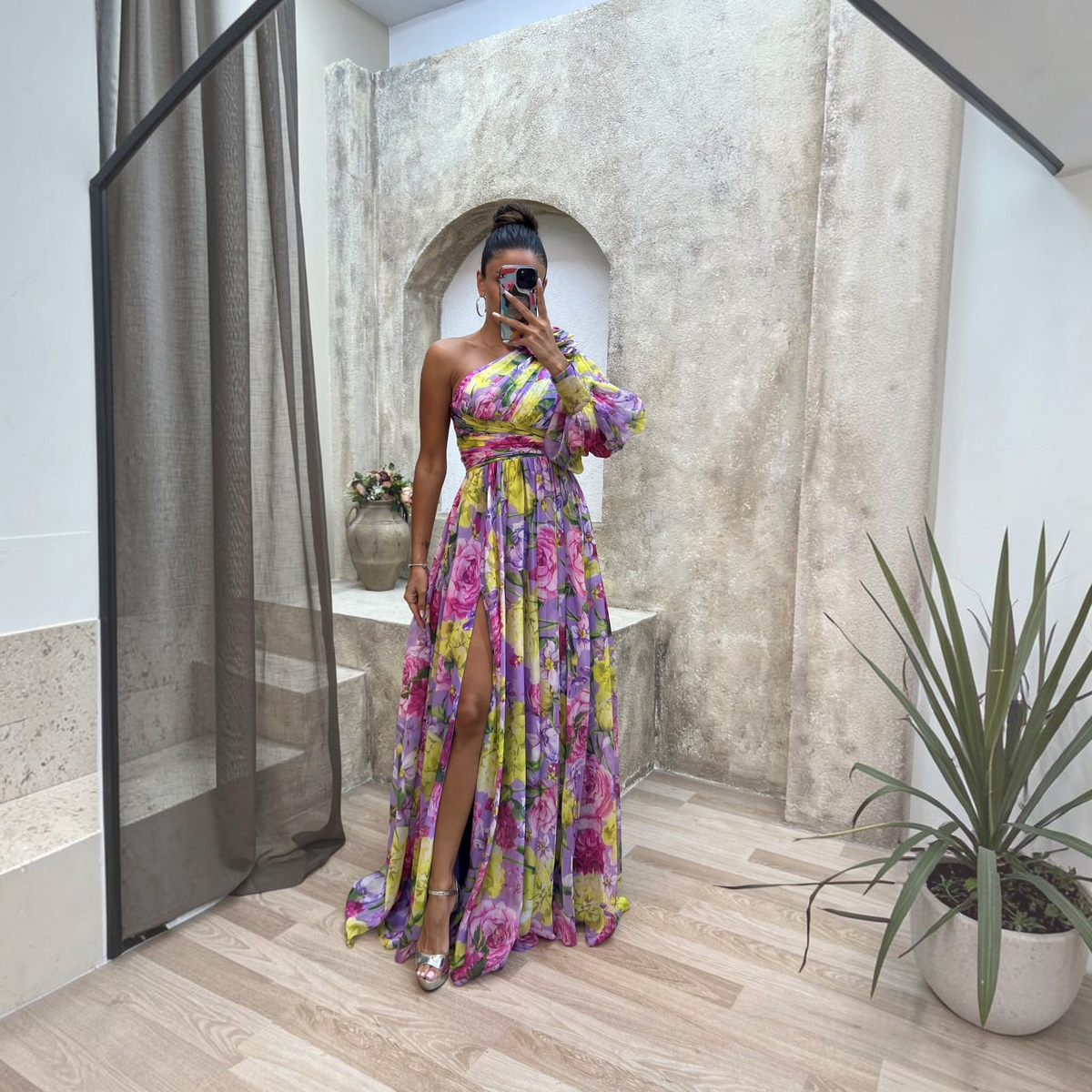 One-Shoulder Floral Dress with Flowy Skirt and Lightweight Woven Fabric, Machine Washable