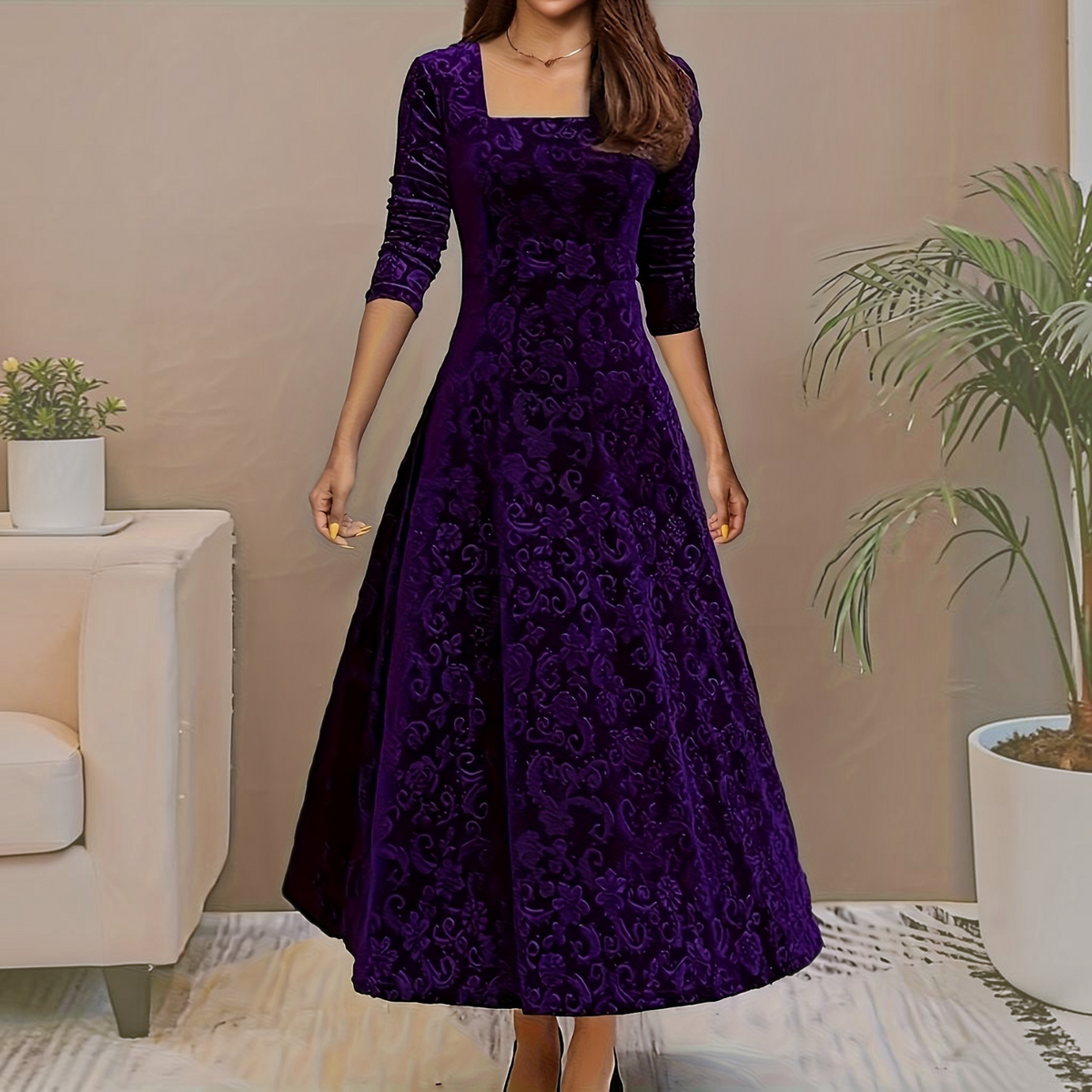 Velvet Midi Dress with Floral Embroidery and Three-Quarter Sleeves, Back Zipper