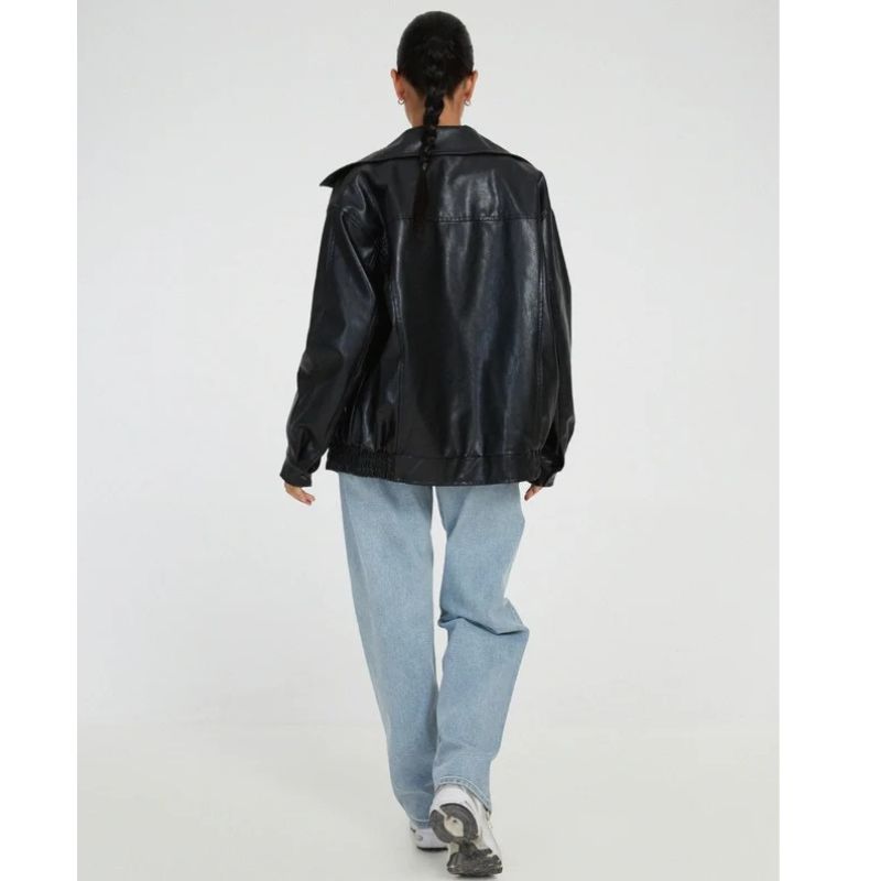 Oversized Leather Bomber Jacket with Boxy Dropped Shoulders and Elastic Hem for Women