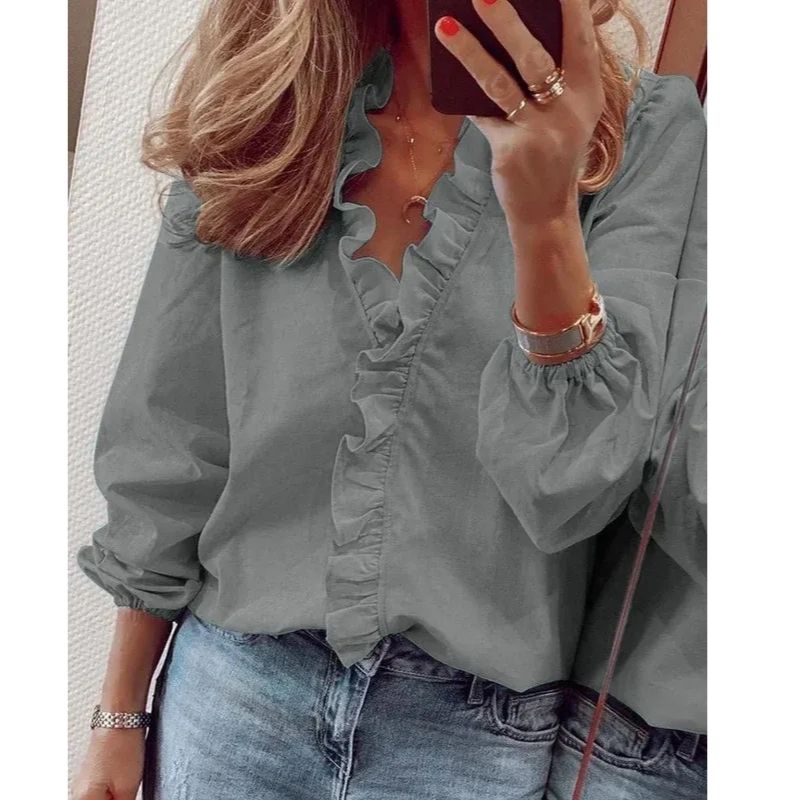 Womens Blouse with Ruffled Neckline and Pleated Balloon Sleeves