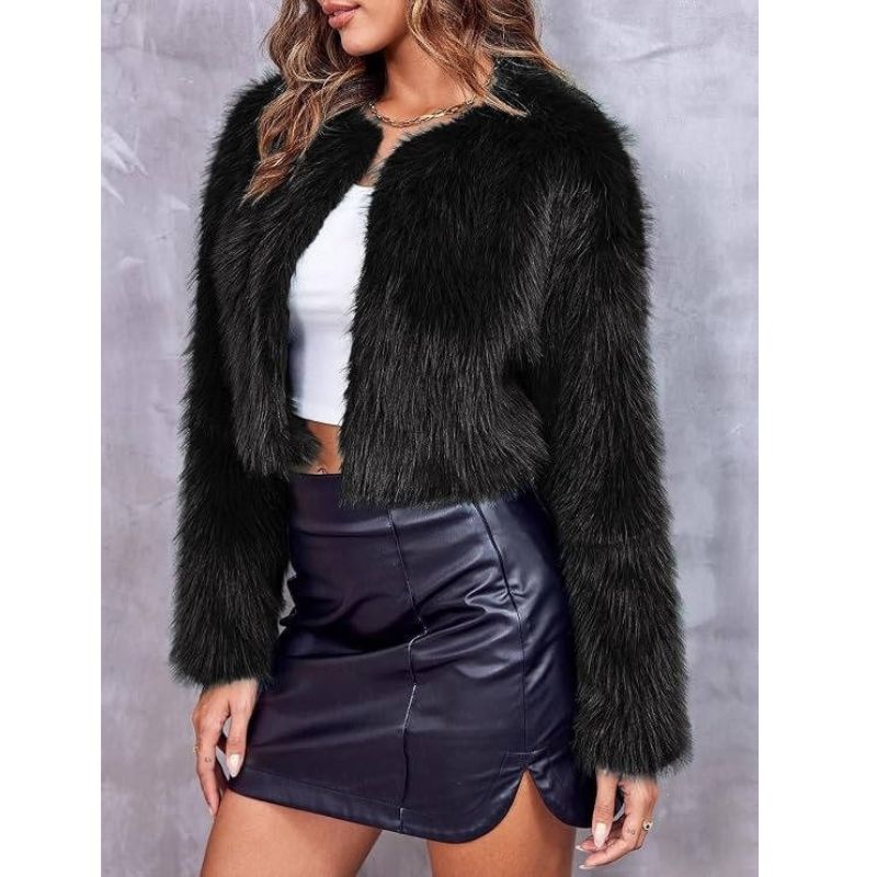 Cropped Faux Fur Jacket with Open Front and Long Sleeves for Women