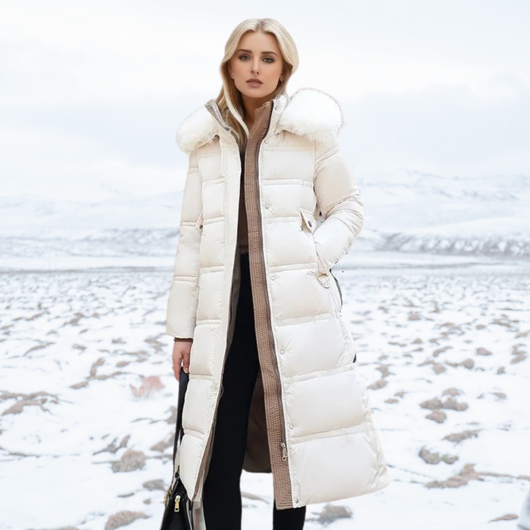 Womens Long Puffer Coat with High Collar and Quilted Fill, Full-Length Zipper