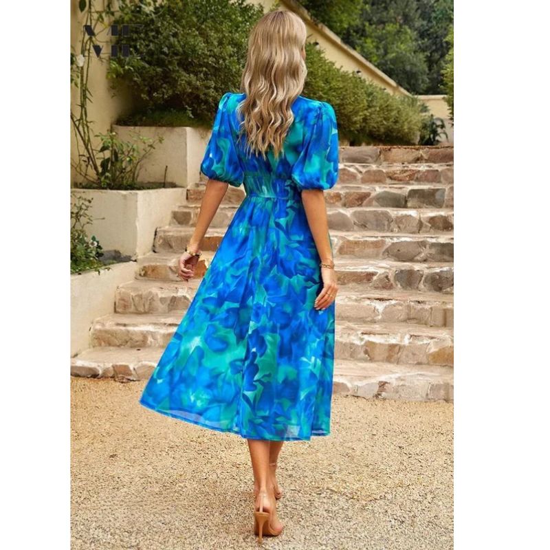 Floral Midi Dress with Puff Sleeves and Tailored Waist, Lightweight Woven Fabric