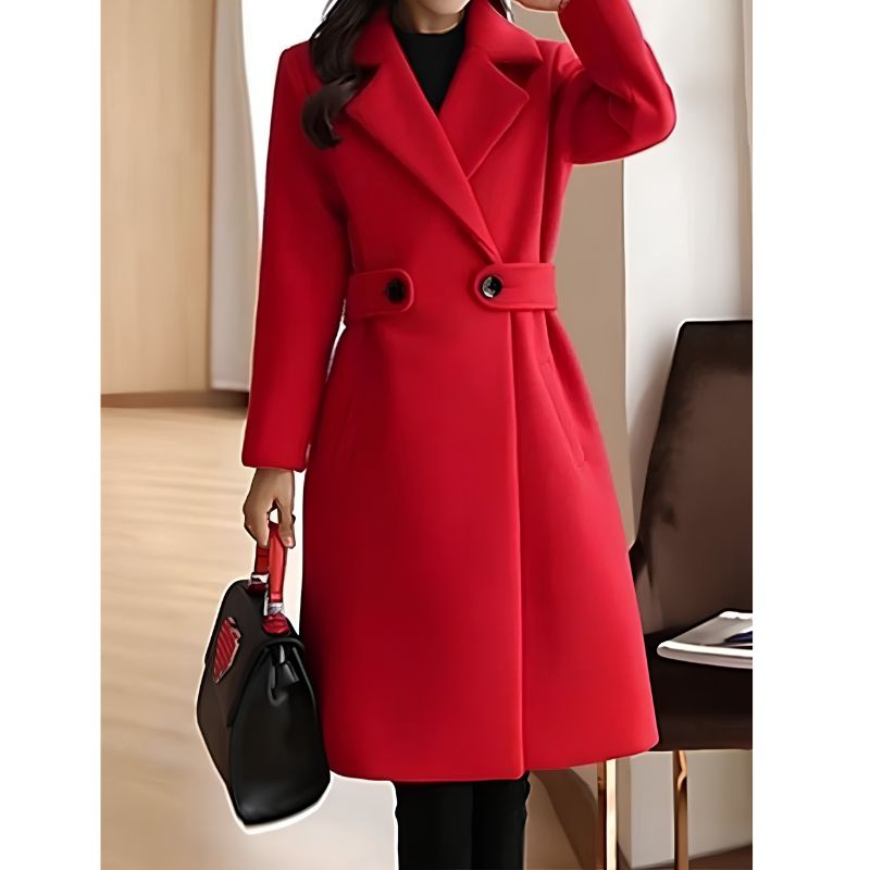 Womens Long Trench Coat with Wide Lapel Collar and Waist Tab Detail