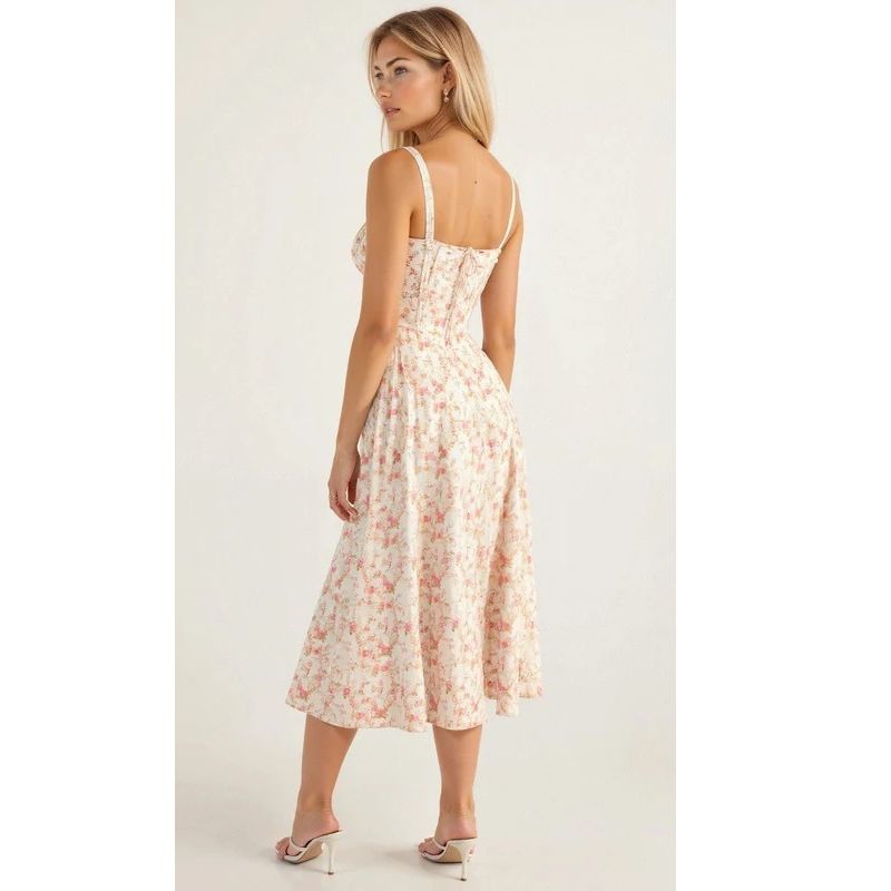 Corset Midi Dress with Structured Bodice and Flowing Flared Skirt, Stretch Lined