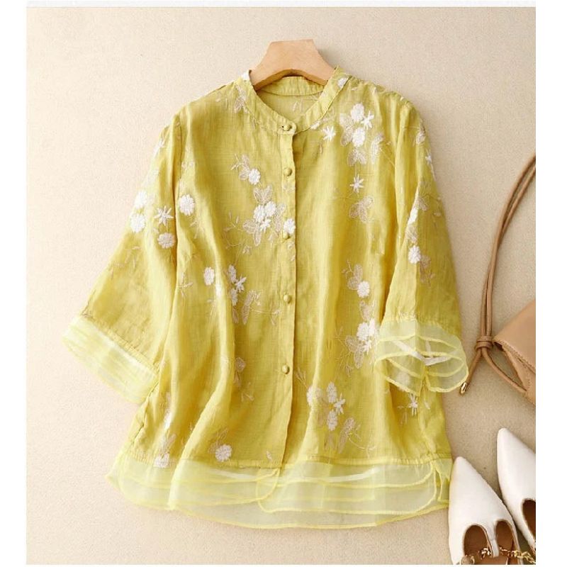 Womens Long Sleeve Blouse with Delicate Floral Embroidery and Relaxed Fit