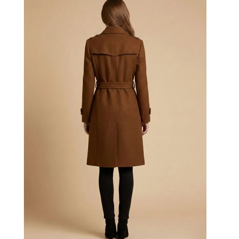 Womens Double-Breasted Coat with Classic Collar and Cuff Tabs, Mid-Length