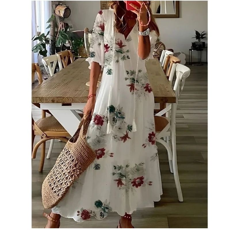 Womens A-Line Dress with Geometric Print and Lantern Sleeves, V-Neck