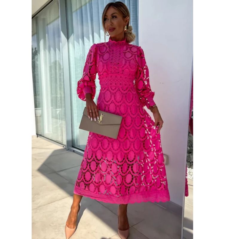 Midi Dress with Lace Overlay and Fitted Bodice