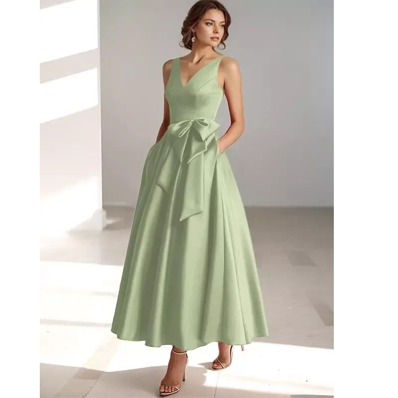 Womens A-Line Midi Dress with V-Neckline and Structured Bow Waist