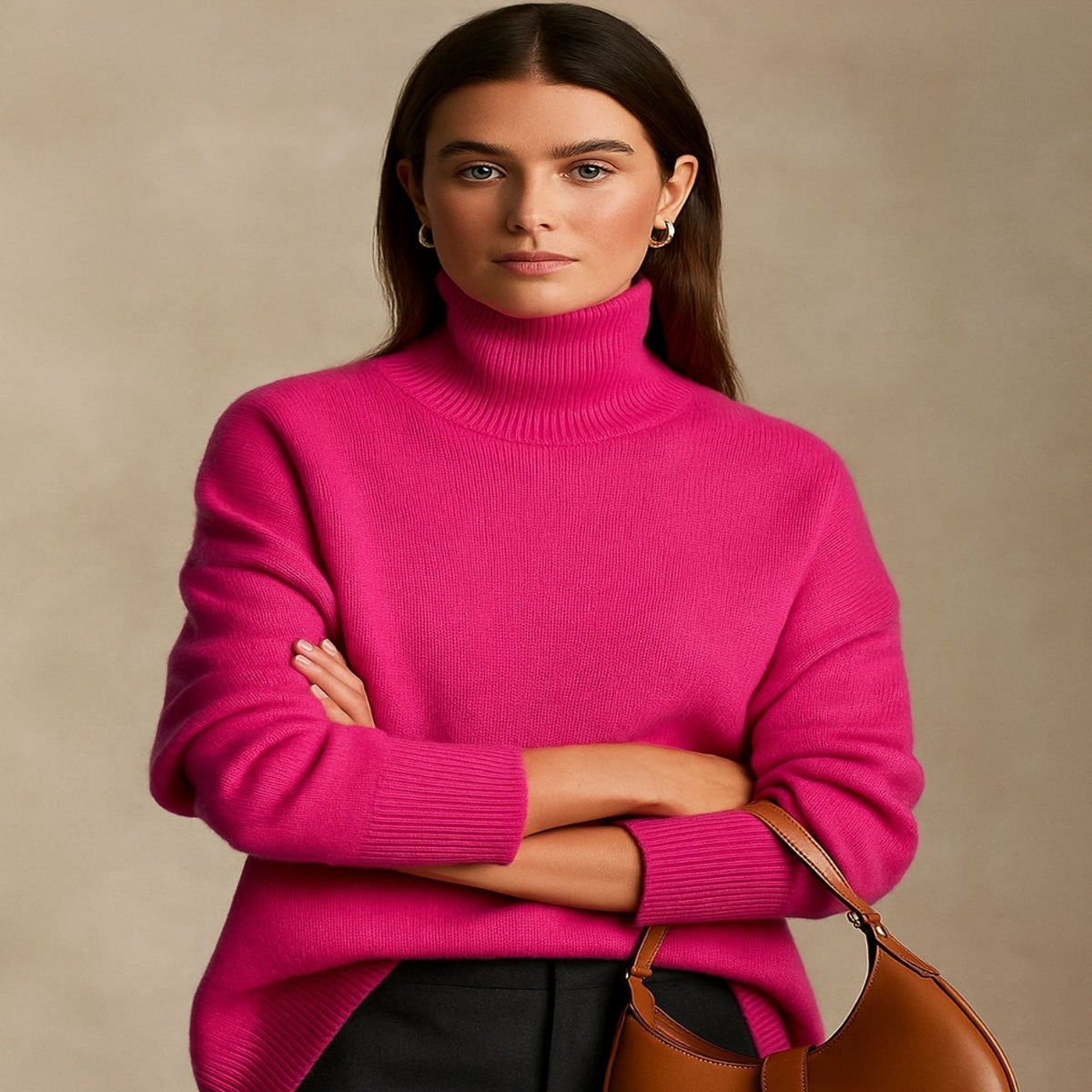 Turtleneck Sweater with Dropped Shoulders and Ribbed Trim for Women - Long Sleeves
