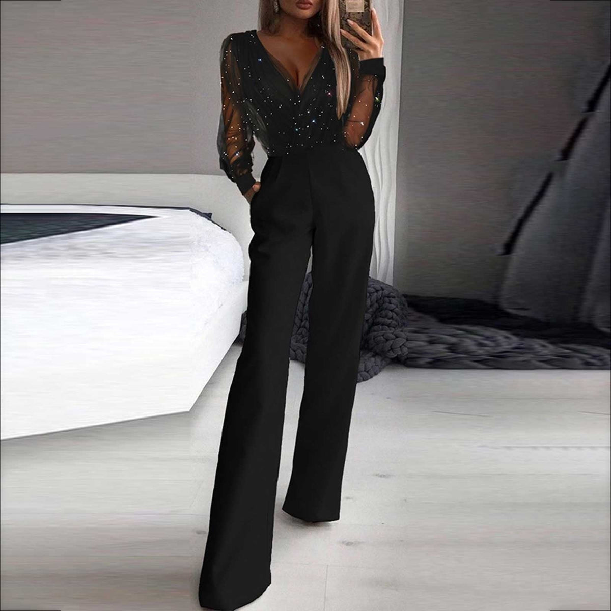Womens Jumpsuit with Soft Breathable Fabric and Waist, Black Regular Fit