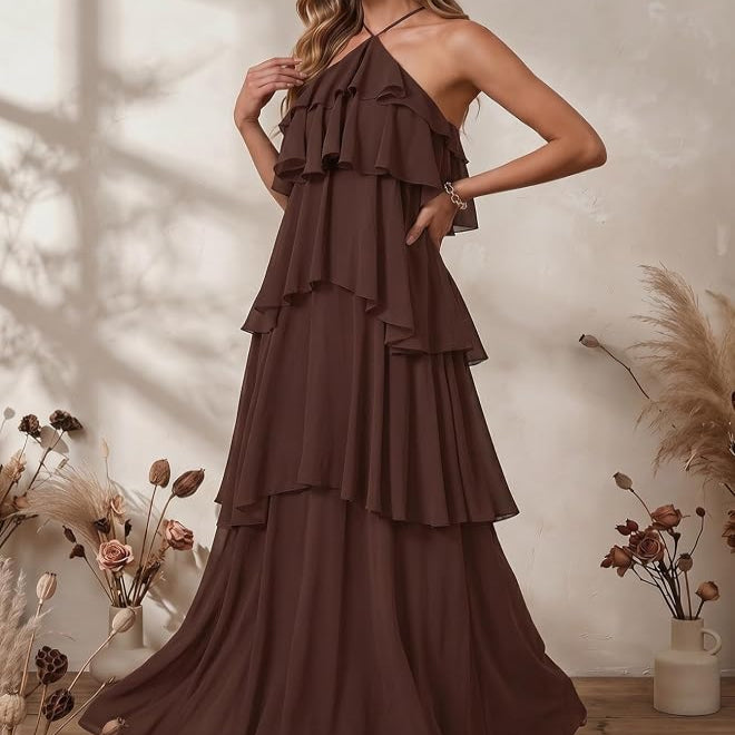 Sleeveless Swing Maxi Dress with Halter Neckline and Tiered Ruffles, Backless