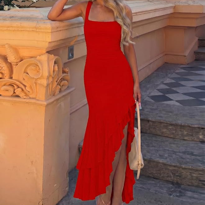 Sleeveless Mermaid Maxi Dress with Ruched Side Panels and Tiered Ruffle Hem, Square Neckline