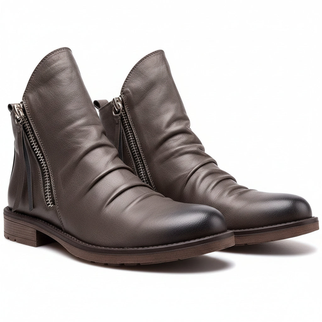 Mens Leather Ankle Boots with Side Zipper and Cushioned Footbed