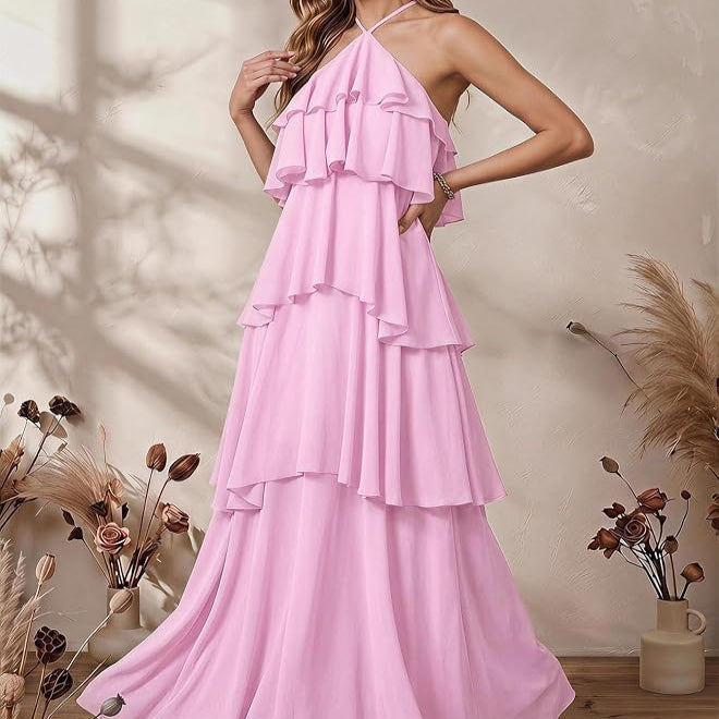 Sleeveless Swing Maxi Dress with Halter Neckline and Tiered Ruffles, Backless