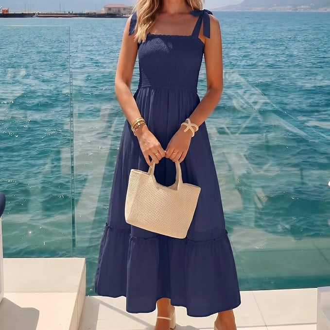 Womens Tie Strap Maxi Dress with Shirred Bodice and Tiered Skirt