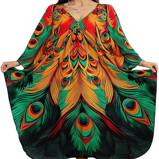 Womens Tropical Print Kaftan with Side Slits and Flowing Hem for Beach Wear