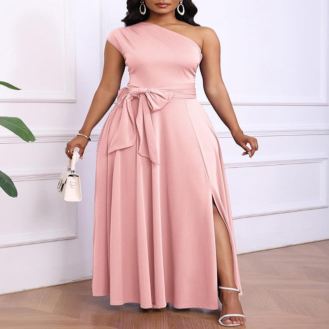 One Shoulder Black Maxi Dress with Side Pockets and Adjustable Belt
