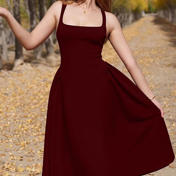 Womens Off Shoulder Midi Party Dress with Square Neckline and Pleated A Line Skirt