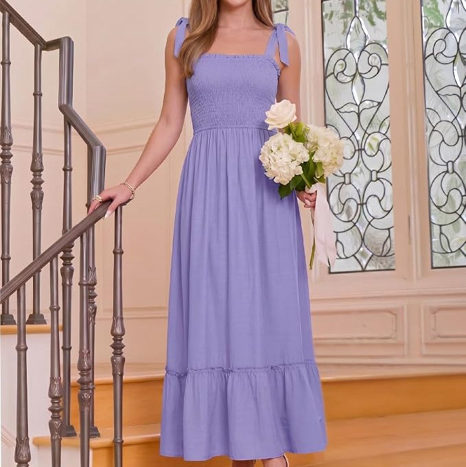 Womens Tie Strap Maxi Dress with Shirred Bodice and Tiered Skirt