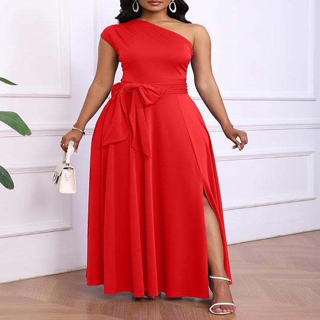 One Shoulder Black Maxi Dress with Side Pockets and Adjustable Belt