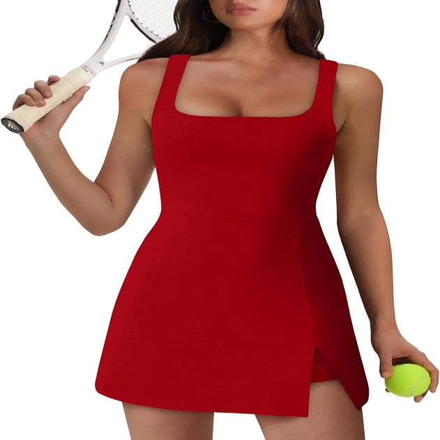 Sleeveless Athletic Dress with Built-in Shorts and Side Pockets, Square Neckline