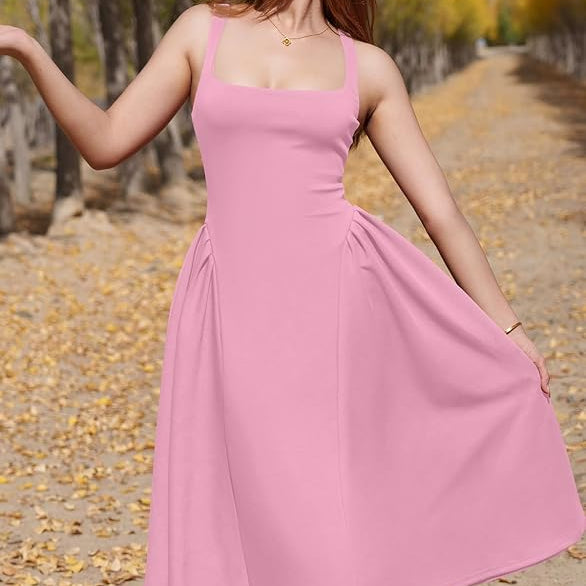 Womens Off Shoulder Midi Party Dress with Square Neckline and Pleated A Line Skirt