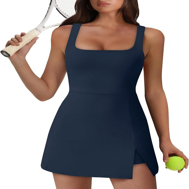Sleeveless Athletic Dress with Built-in Shorts and Side Pockets, Square Neckline
