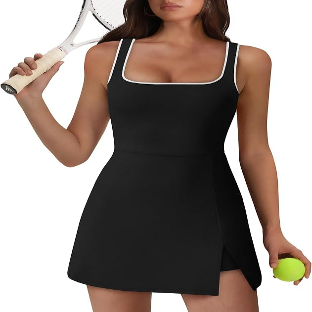 Sleeveless Athletic Dress with Built-in Shorts and Side Pockets, Square Neckline