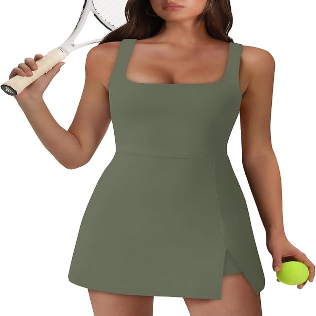 Sleeveless Athletic Dress with Built-in Shorts and Side Pockets, Square Neckline
