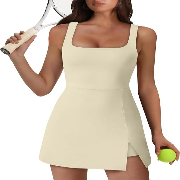 Sleeveless Athletic Dress with Built-in Shorts and Side Pockets, Square Neckline