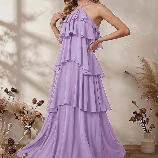 Sleeveless Swing Maxi Dress with Halter Neckline and Tiered Ruffles, Backless