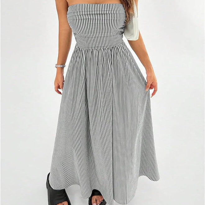 Strapless Fit and Flare Maxi with Elastic Smocked Waist and Side Pockets - Vertical Striped