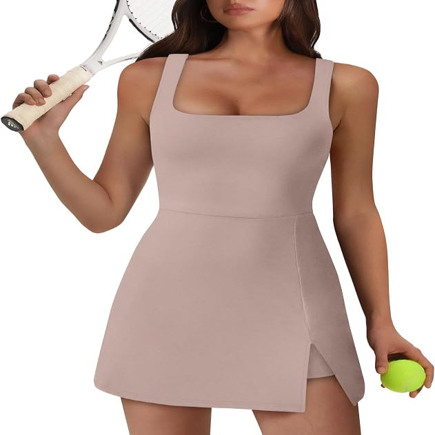 Sleeveless Athletic Dress with Built-in Shorts and Side Pockets, Square Neckline
