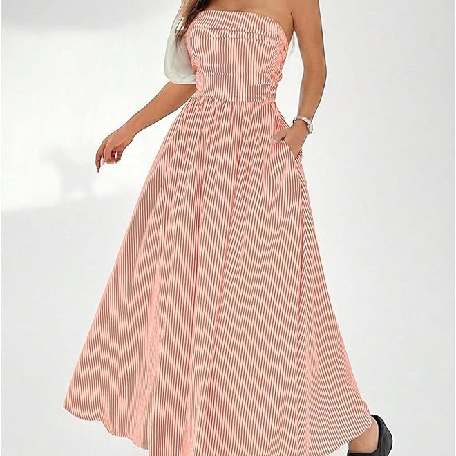 Strapless Fit and Flare Maxi with Elastic Smocked Waist and Side Pockets - Vertical Striped