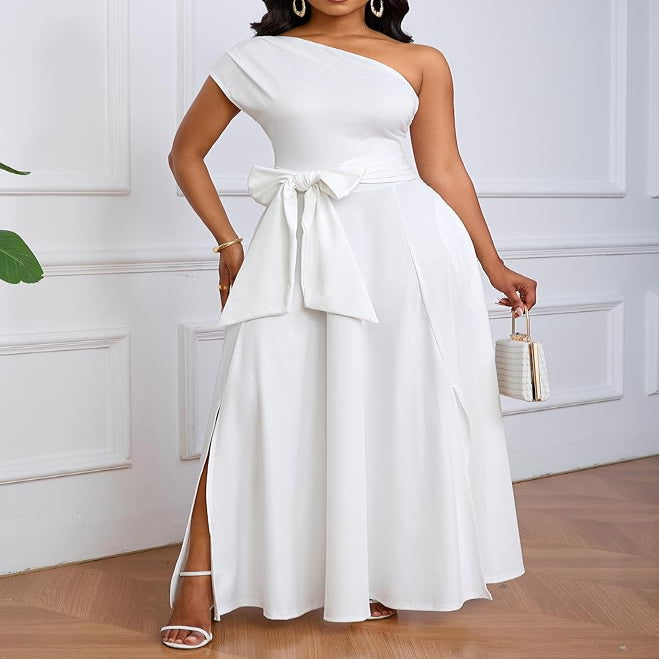 One Shoulder Black Maxi Dress with Side Pockets and Adjustable Belt