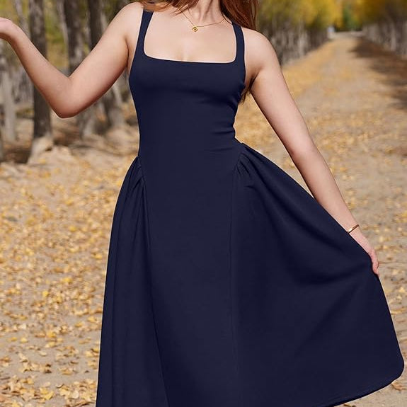 Womens Off Shoulder Midi Party Dress with Square Neckline and Pleated A Line Skirt
