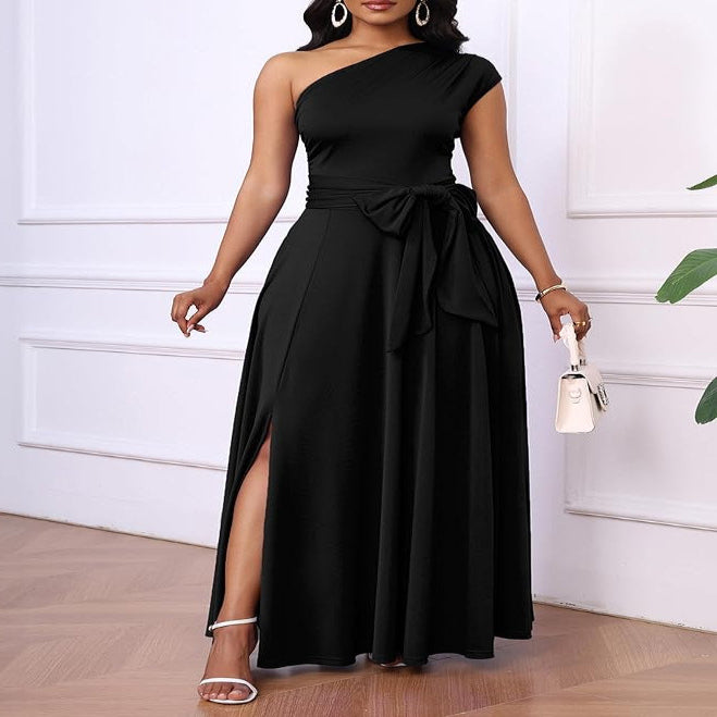 One Shoulder Black Maxi Dress with Side Pockets and Adjustable Belt