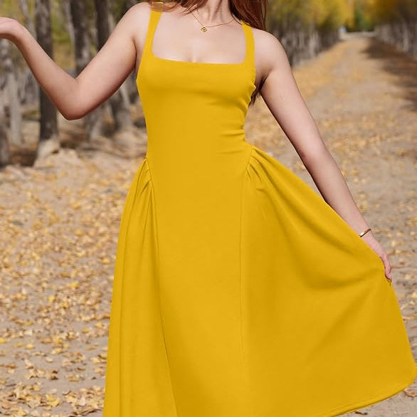 Womens Off Shoulder Midi Party Dress with Square Neckline and Pleated A Line Skirt