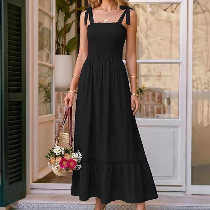 Womens Tie Strap Maxi Dress with Shirred Bodice and Tiered Skirt