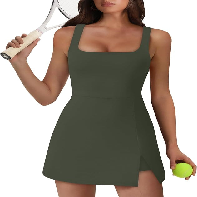 Sleeveless Athletic Dress with Built-in Shorts and Side Pockets, Square Neckline