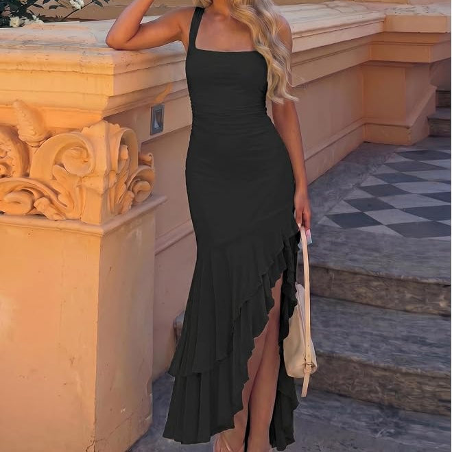Sleeveless Mermaid Maxi Dress with Ruched Side Panels and Tiered Ruffle Hem, Square Neckline